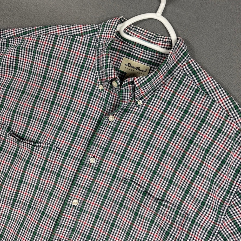 Eddie Bauer Shirt Mens XL Green Plaid Seersucker Short Sleeve Button Cotton VTG